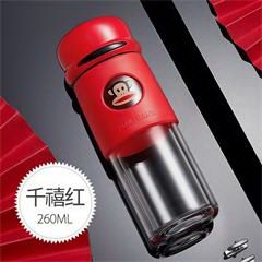 大嘴猴/Paul Frank 家用双层男女高档透明玻璃泡茶过滤带盖带把水杯 PFD213 千禧红260ML